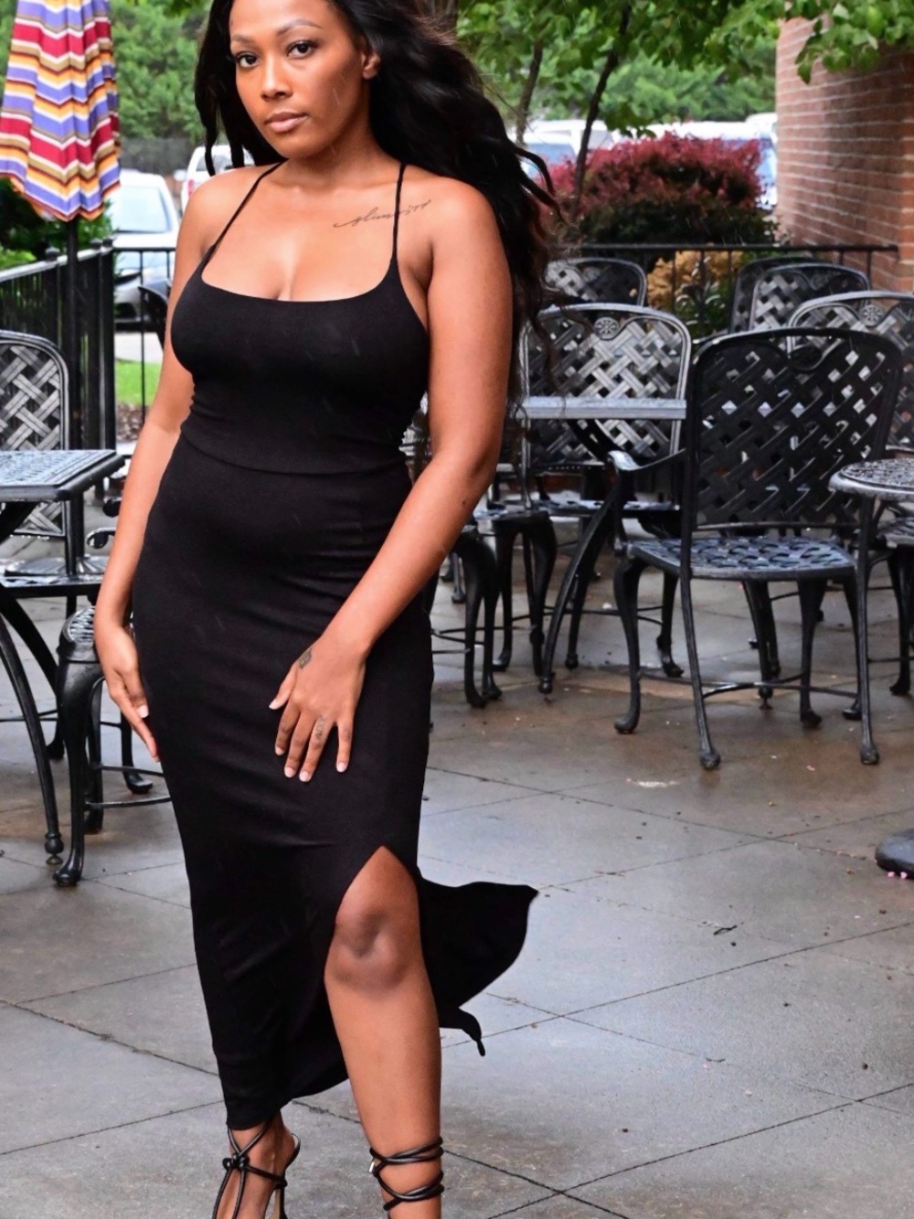 Black Spaghetti-Strap Midi Dress with Side Slit - Women